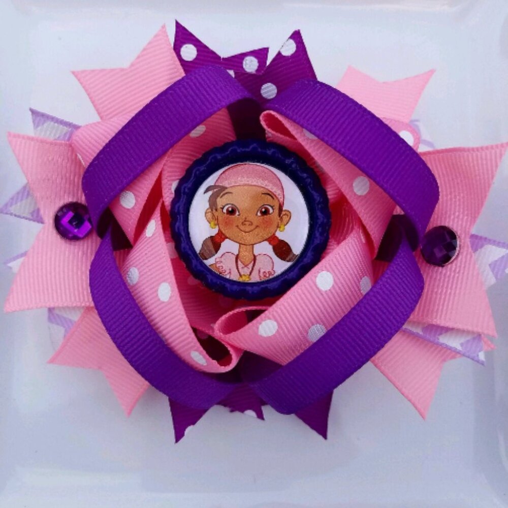 Izzy Pirate Disney Princess Pink Purple Lavender White Bottle Cap Hair Bow 5"